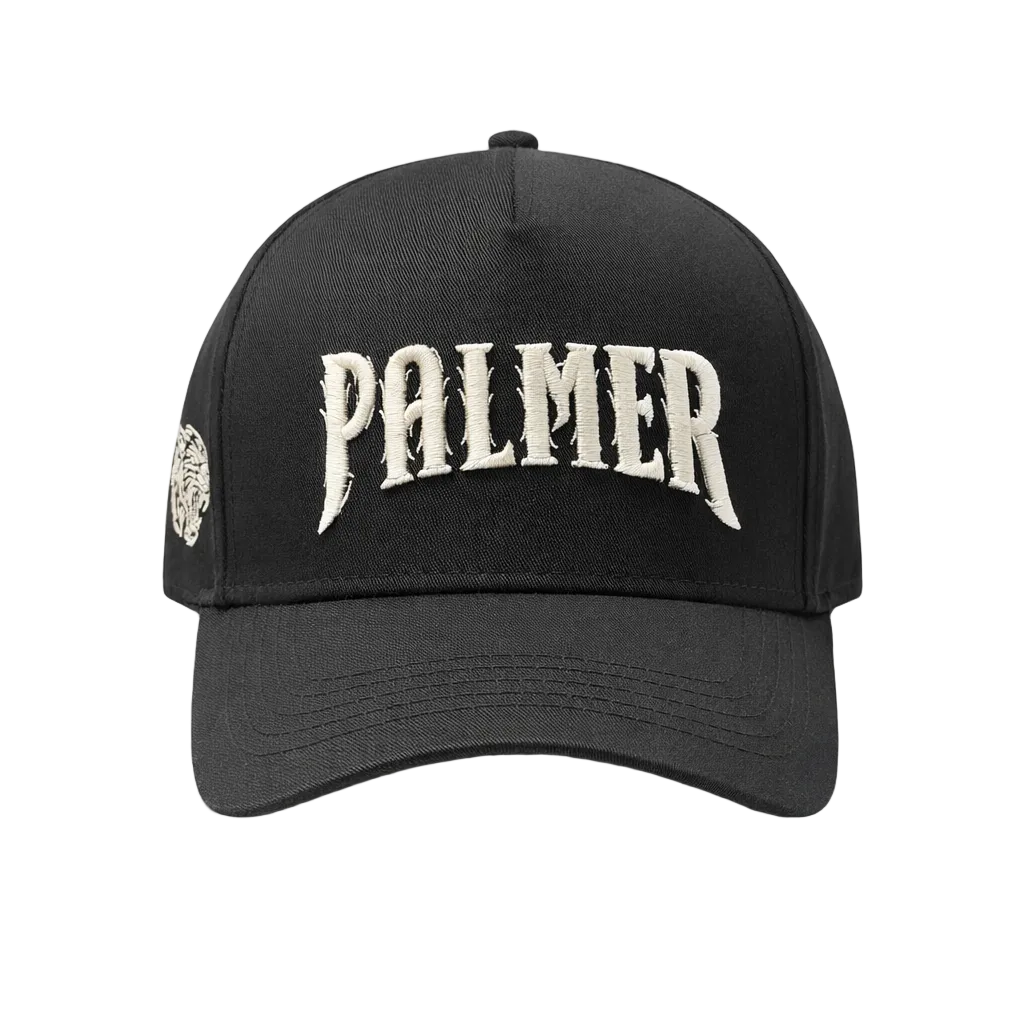Black cap with 'PALMER' text on a white background