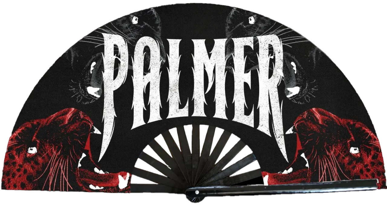 Black fan with red panther designs and 'PALMER' branding on a white background