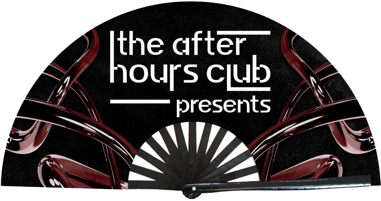 Promotional material for 'the after hours club' with a black background and red wine glasses.