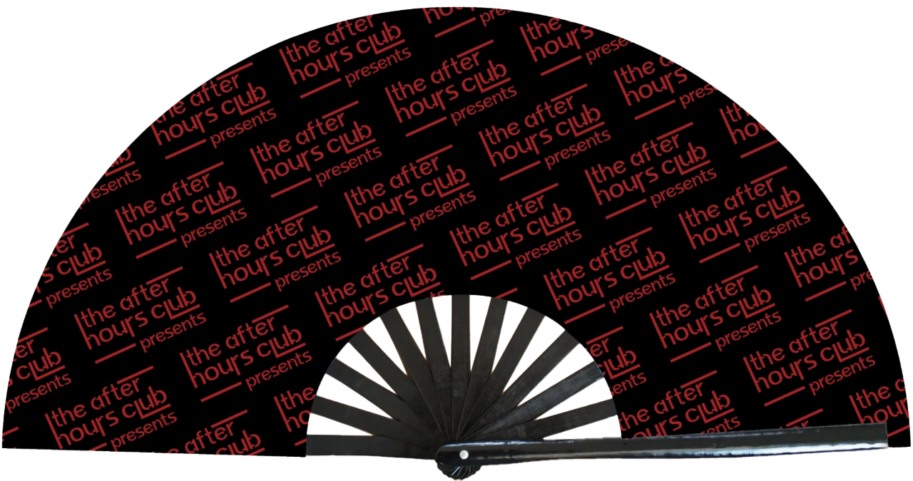 Black hand fan with red 'the after hours club' pattern on a white background