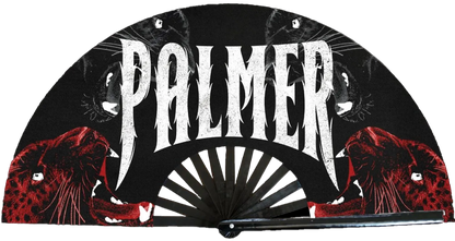 Black fan with red panther designs and 'PALMER' branding on a white background