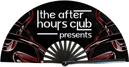 Promotional material for 'the after hours club' with a black background and red wine glasses.