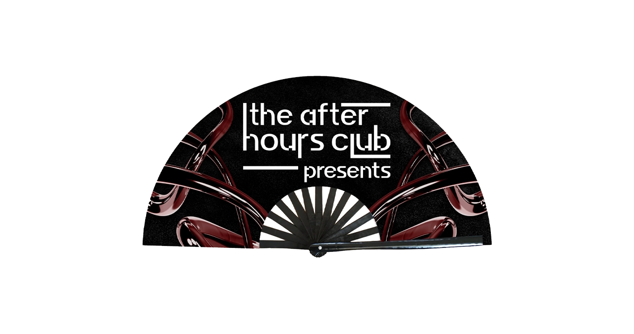 Black half-circle sign with 'the after hours club presents' text and club-themed design on a white background