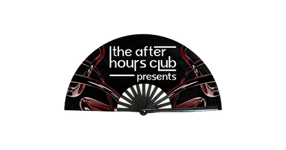 Black half-circle sign with 'the after hours club presents' text and club-themed design on a white background