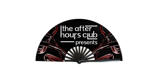 Black half-circle sign with 'the after hours club presents' text and club-themed design on a white background