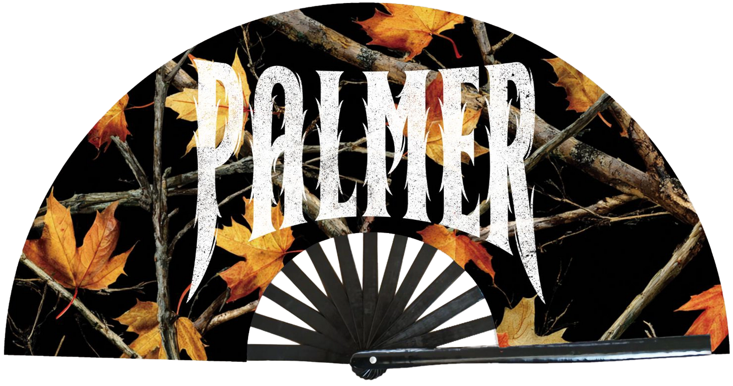 Handheld fan with 'Palmer' branding and autumn leaf design