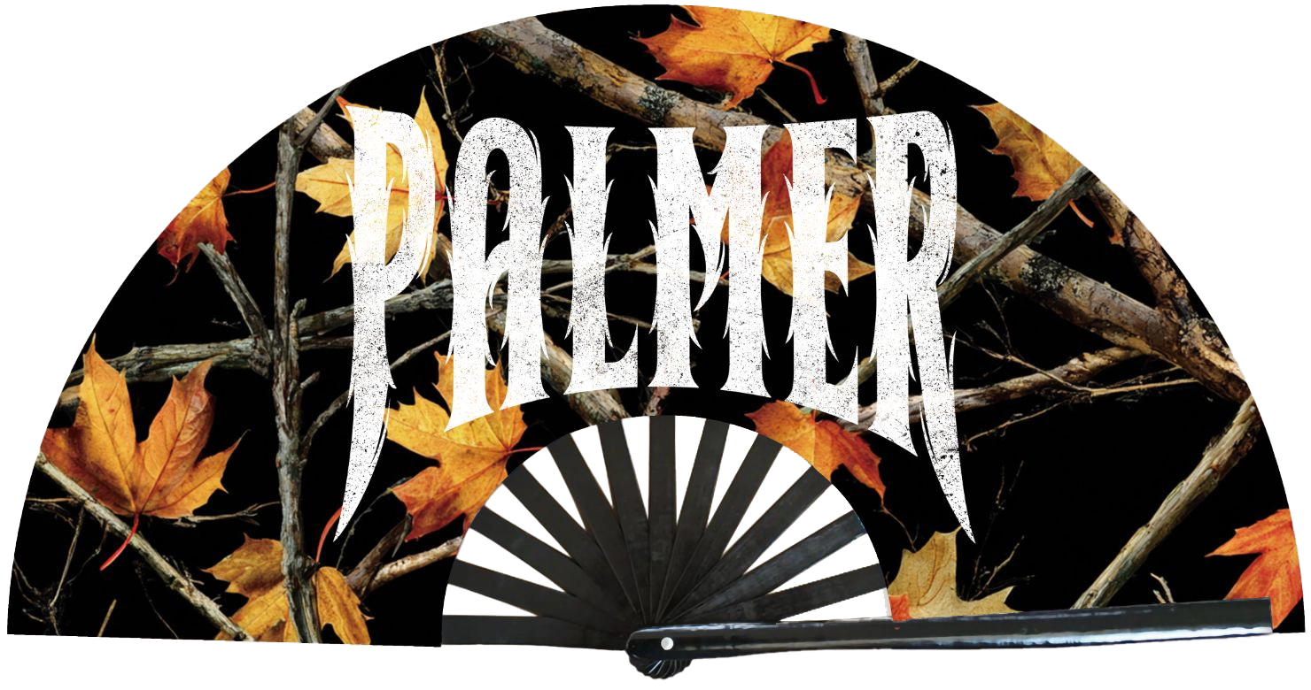 Handheld fan with 'Palmer' branding and autumn leaf design
