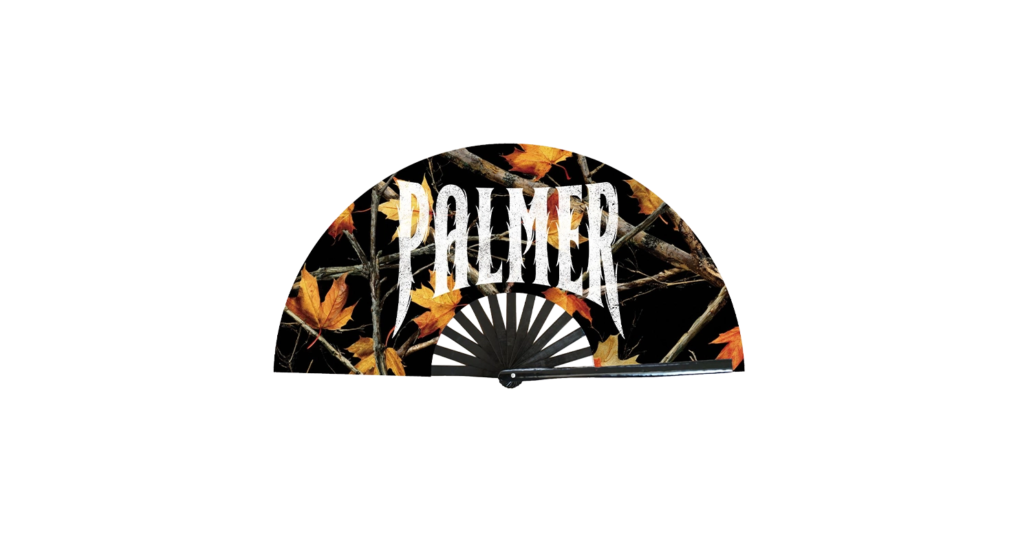 Black hand fan with autumn leaf design and 'Palmer' branding on a white background
