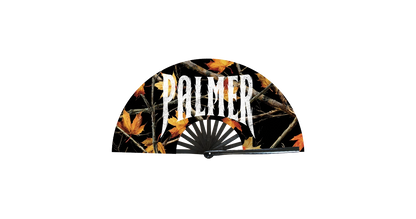 Black hand fan with autumn leaf design and 'Palmer' branding on a white background