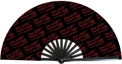 Black hand fan with red 'the after hours club' pattern on a white background