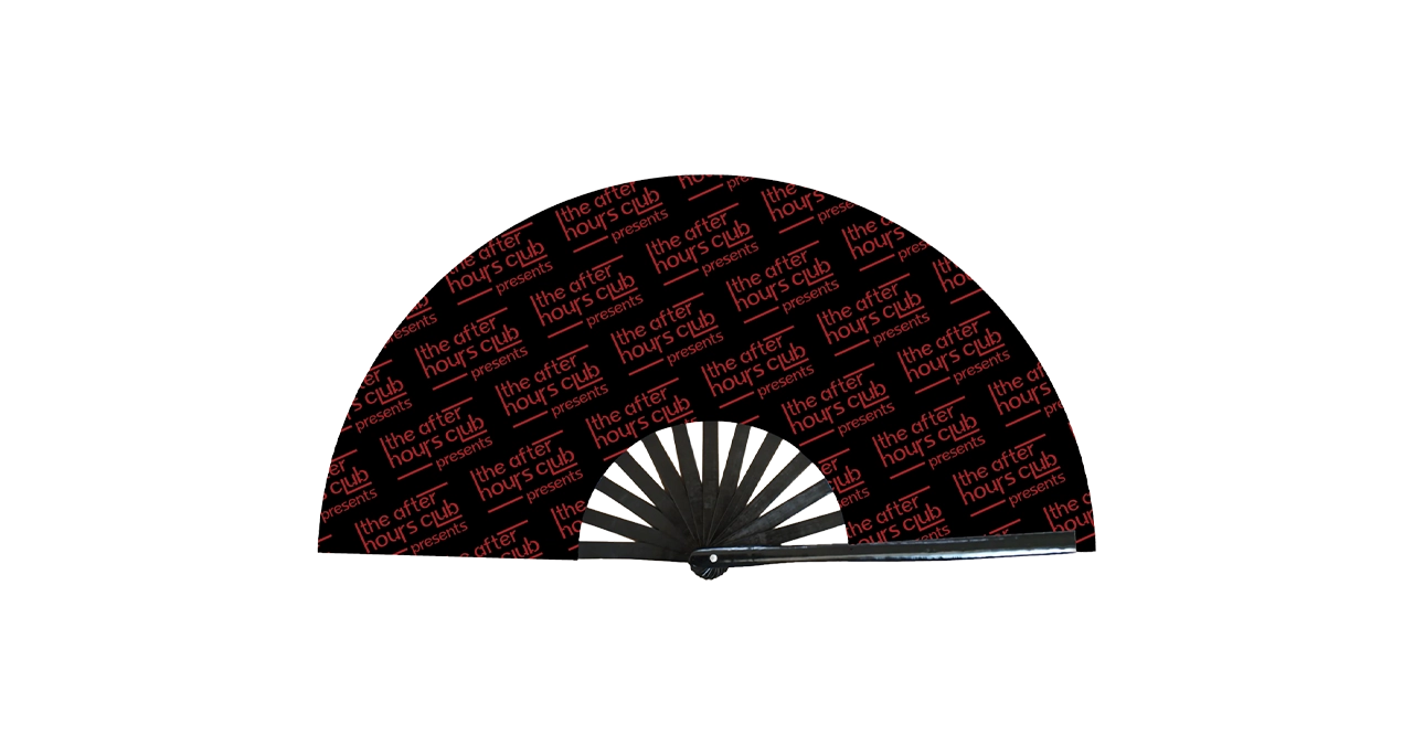 Black fan with red text on a white background