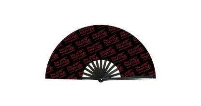 Black fan with red text on a white background