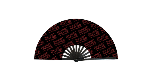Black fan with red text on a white background