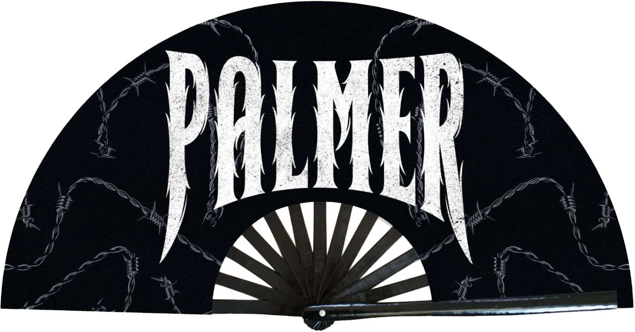 Black fan-shaped object with 'PALMER' text on a white background
