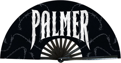 Black fan-shaped object with 'PALMER' text on a white background