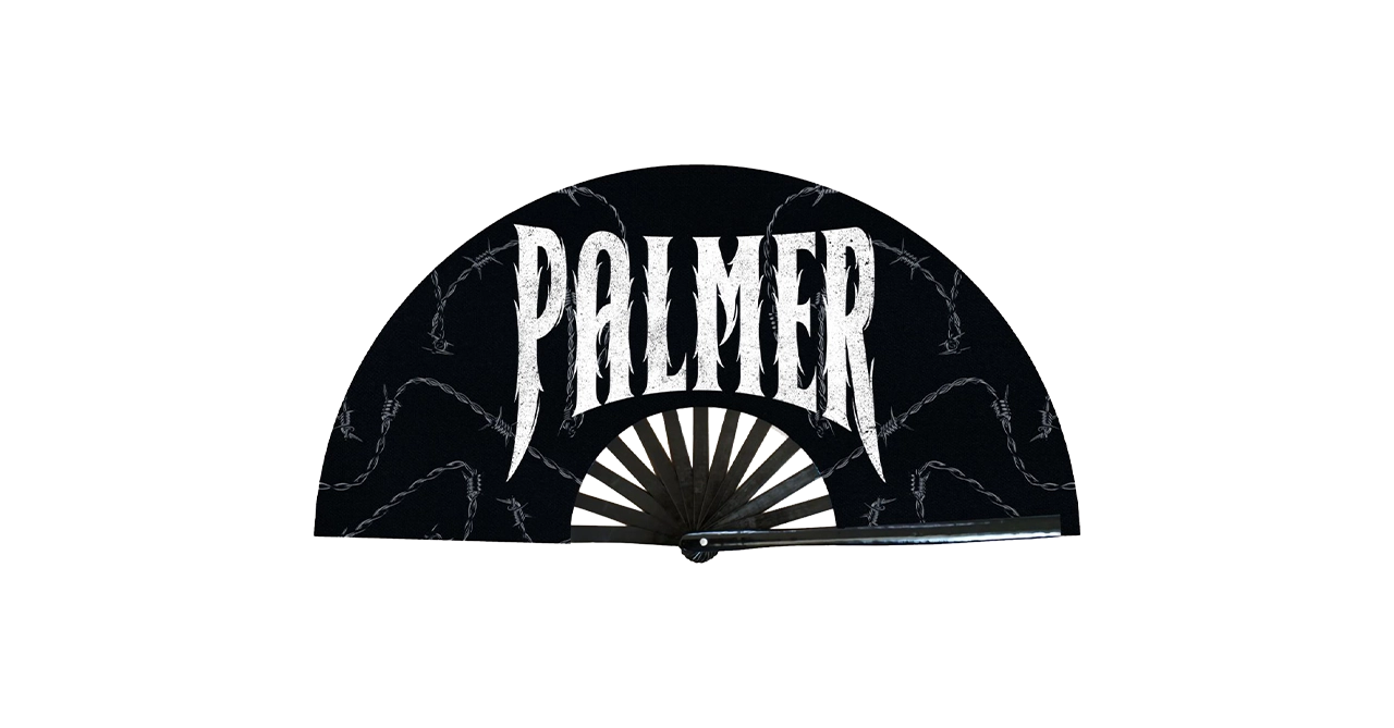 Black fan-shaped object with 'PALMER' text on a white background