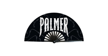 Black fan-shaped object with 'PALMER' text on a white background