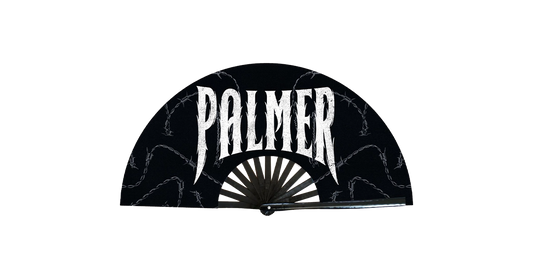 Black fan-shaped object with 'PALMER' text on a white background